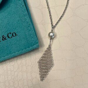 Y2K Authentic Tiffany & Co Mesh Tassel Necklace Silver 925 Fresh Pearl Pendant
